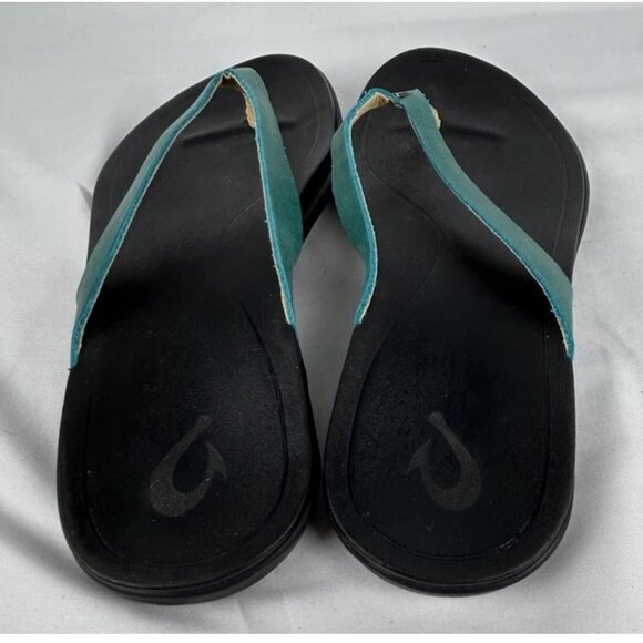 Olukai Ho'Opio Turquoise Black Leather Flip Flops Thongs Sandals Womens 7 - Picture 5 of 5